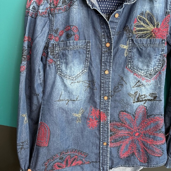 Desigual Blue Denim Shirt with Red Embroidery - Picture 4 of 10